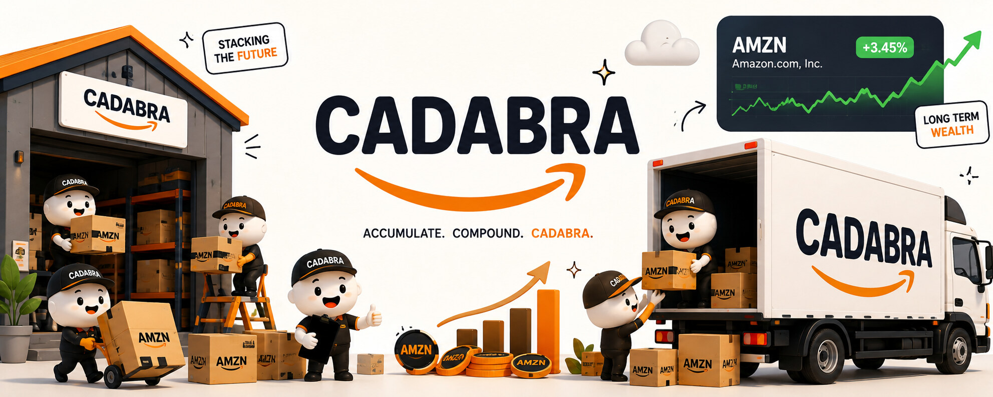 Illustrated CADABRA warehouse: workers in CADABRA caps stacking AMZN packages, a delivery truck, AMZN coins and a rising AMZN stock ticker.