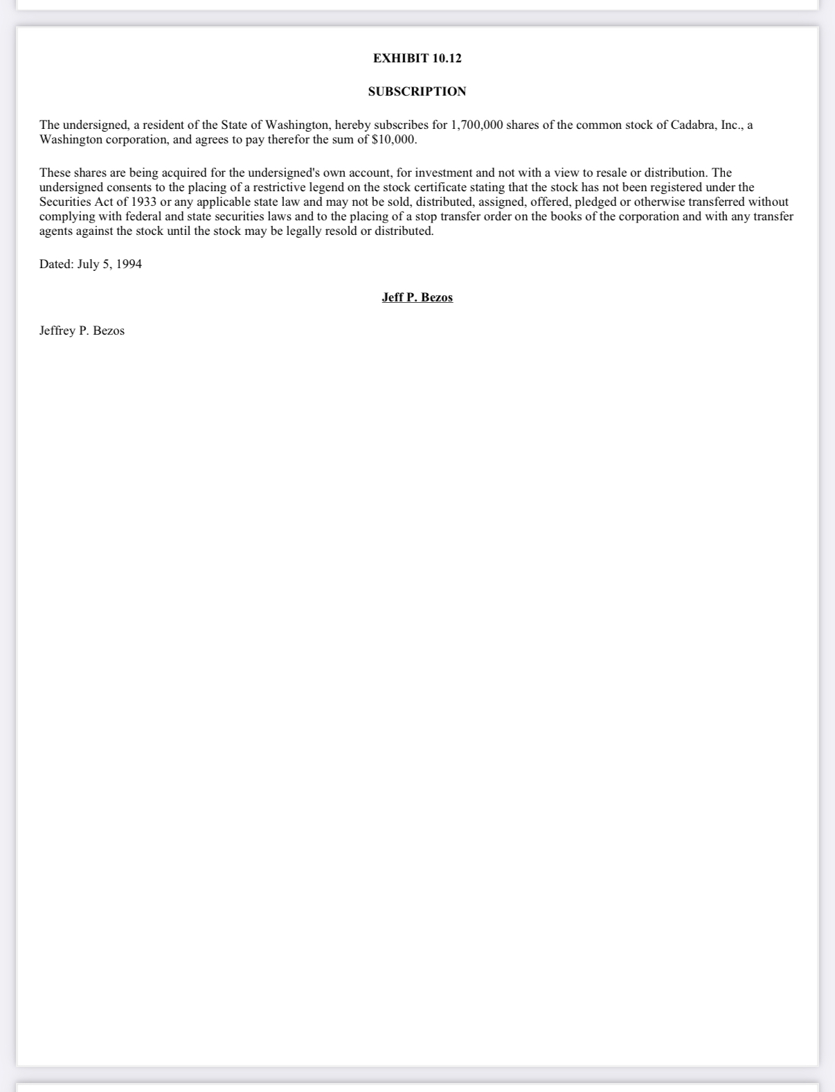 Screenshot of page 212 of the official filing: Exhibit 10.12, Subscription, for 1,700,000 shares of the common stock of Cadabra, Inc., dated July 5, 1994, signed Jeff P. Bezos.